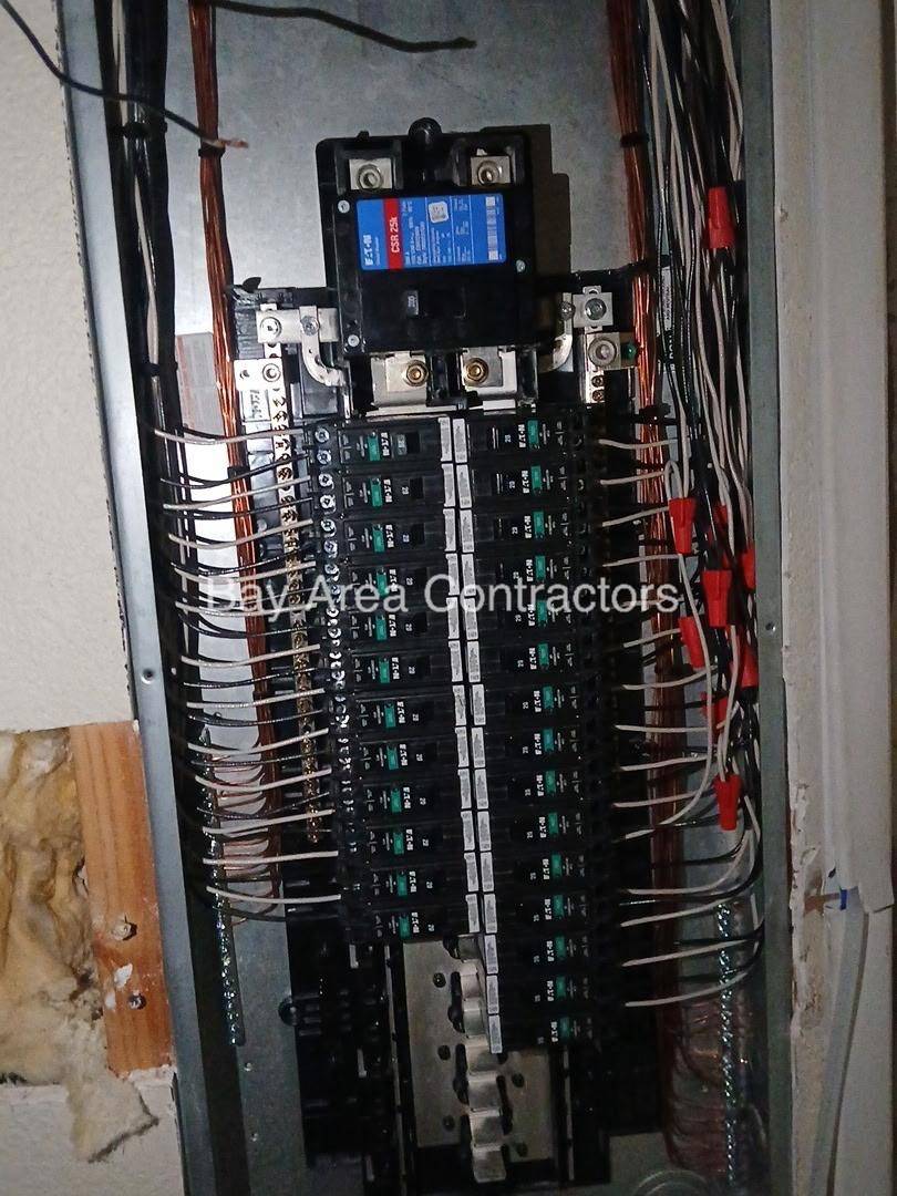 New electrical panel mid rough-in with breakers set and circuits being landed